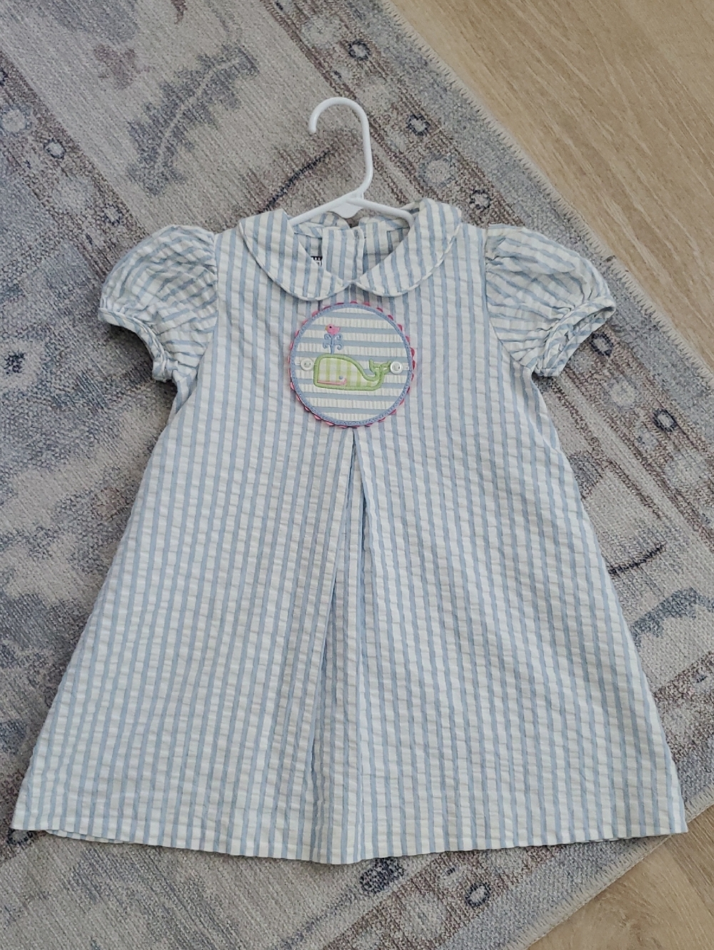 Shrimp & Grits Kids Girs Seersucker Preppy Whale Patch Dress Sz4T